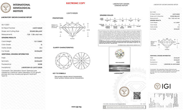 Certified 1.50 Carat Round Lab Grown Loose Diamond Clarity/Color SI2 G - with IGI Certification