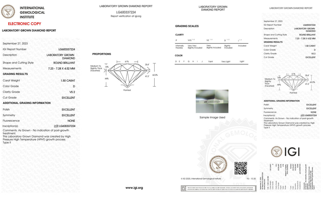 Certified 1.50 Carat Round Lab Grown Loose Diamond Clarity/Color VS2 D with IGI Certification
