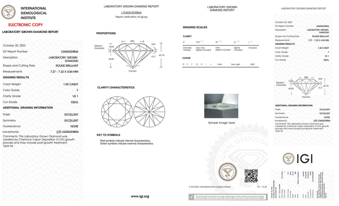 Certified 1.50 Carat Round Lab Grown Loose Diamond Clarity/Color VS1 F with IGI Certification