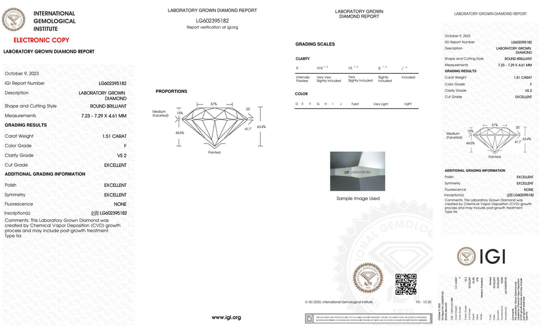 Certified 1.50 Carat Round Lab Grown Loose Diamond Clarity/Color VS2 F - with IGI Certification