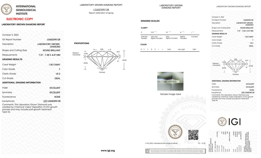 Certified 1.50 Carat Round Lab Grown Loose Diamond Clarity/Color: VS2 F with IGI Certification