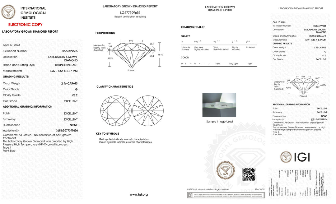 Certified 2.46 Carat Round Lab Grown Loose Diamond Color/Clarity VS2 G - with IGI Certification