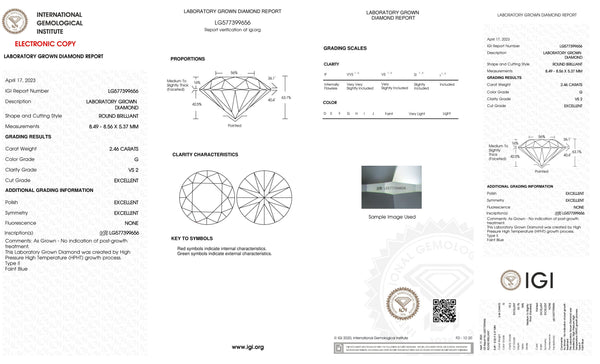 Certified 2.46 Carat Round Lab Grown Loose Diamond Color/Clarity VS2 G - with IGI Certification