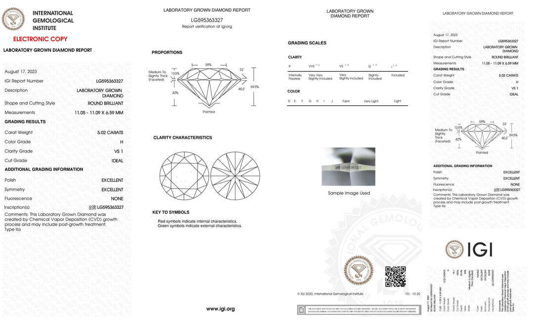 Certified 5 Carat Round Lab Grown Loose Diamond Clarity/Color VS1 H - with IGI Certification