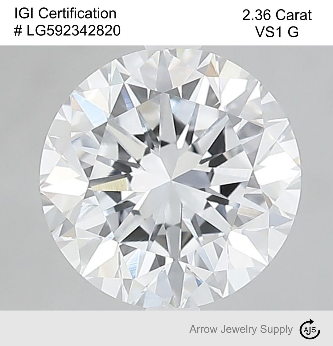 Certified 2.36 Carat Round Lab Grown Loose Diamond Color/Clarity VS2 G - with IGI Certification