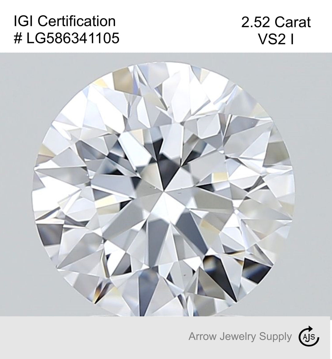 Certified 2.52 Carat Round Lab Grown Loose Diamond Color/Clarity VS2 I - with IGI Certification