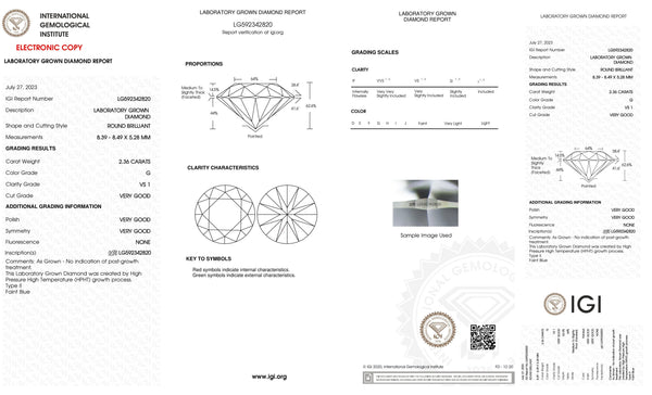 Certified 2.36 Carat Round Lab Grown Loose Diamond Color/Clarity VS2 G - with IGI Certification