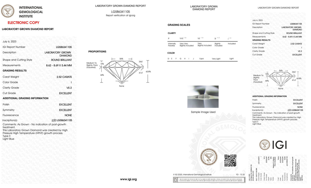 Certified 2.52 Carat Round Lab Grown Loose Diamond Color/Clarity VS2 I - with IGI Certification