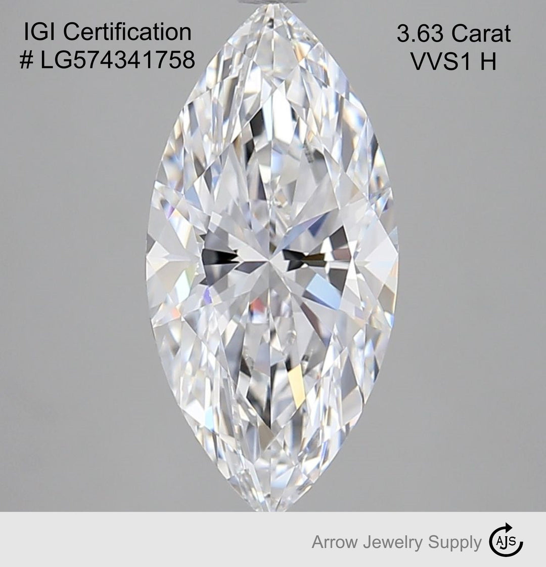 3.63 Carat Certified Lab Grown Marquise Loose Diamond - VVS1 H with IGI Certification