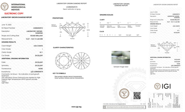 Certified 4 Carat Round Lab Grown Loose Diamond VS1 I - with IGI Certification