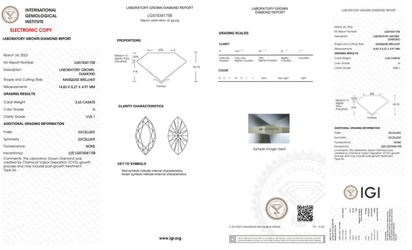 3.63 Carat Certified Lab Grown Marquise Loose Diamond - VVS1 H with IGI Certification