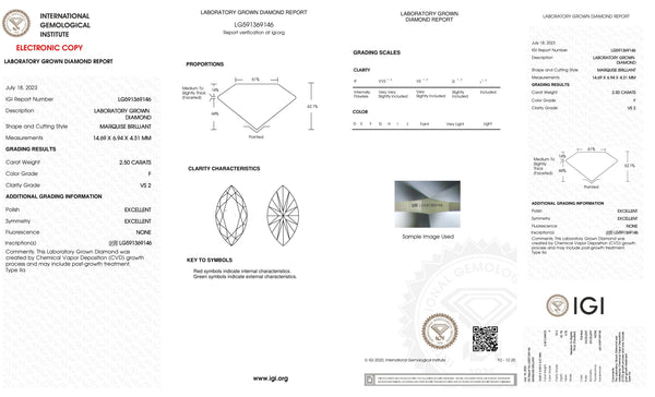 2.50 Carat Certified Lab Grown Marquise Loose Diamond - VVS2 F with IGI Certification