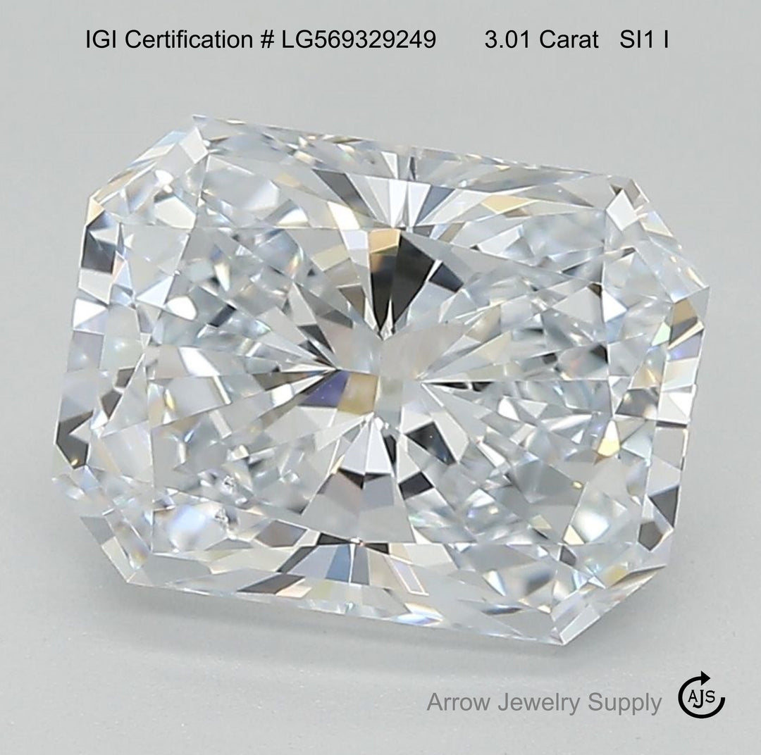 3 Carat Certified Lab Grown Radiant Loose Diamond SI1 I with IGI Certification Report Papers