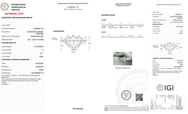 2.18 Carat Certified Lab Grown Round Loose Diamond VS1 H - Ideal cut - with IGI Certification