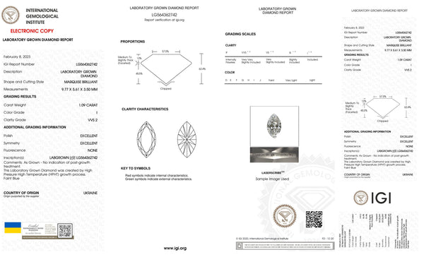 1 Carat Certified Lab Grown Marquise Loose Diamond VVSS I with IGI Certification Report Papers