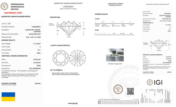 Certified 1.19 Carat Round Loose Lab Grown Diamond VS1 H Ideal Cut with IGI Certification Lab Report Certificate