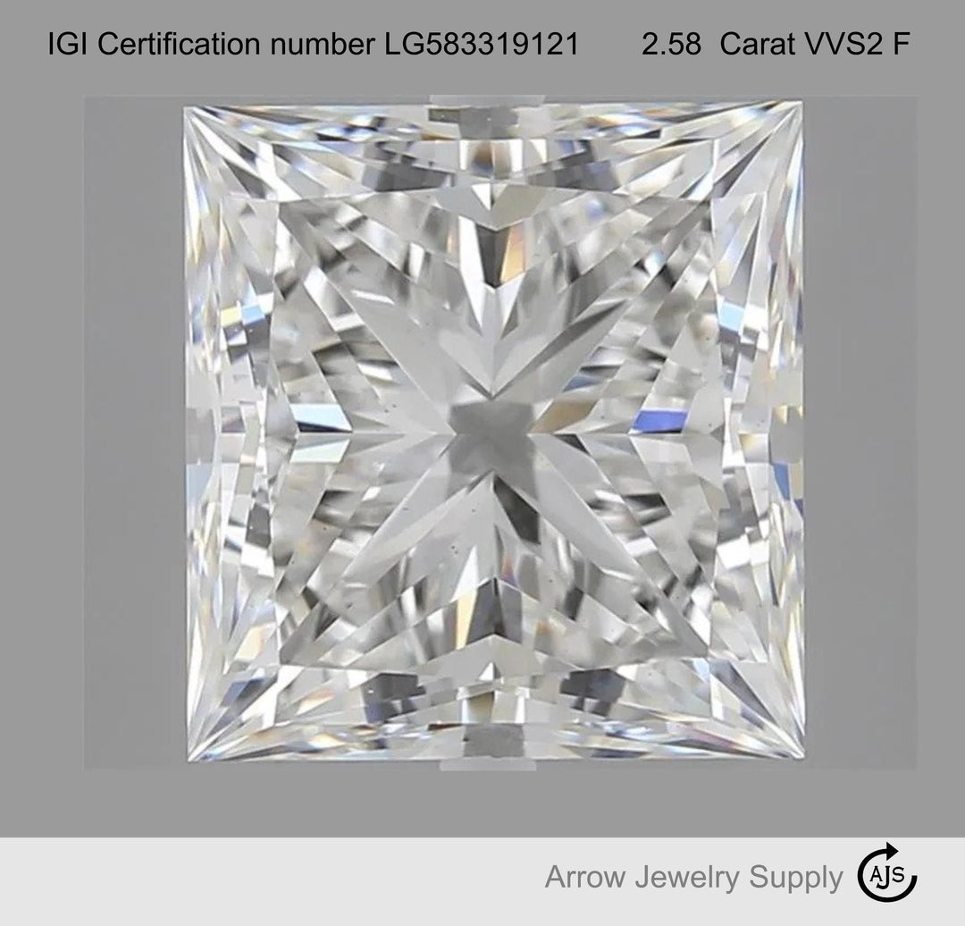Certified 2.58 Carat Princess Cut Loose Lab Grown Diamond VVS2 F with IGI Certification Lab Report Certificate
