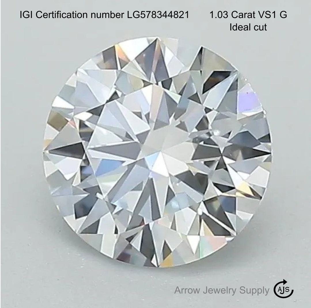 Certified 1 Carat Round Loose Lab Grown Diamond VS1 G Ideal Cut with IGI Certification Lab Report Certificate