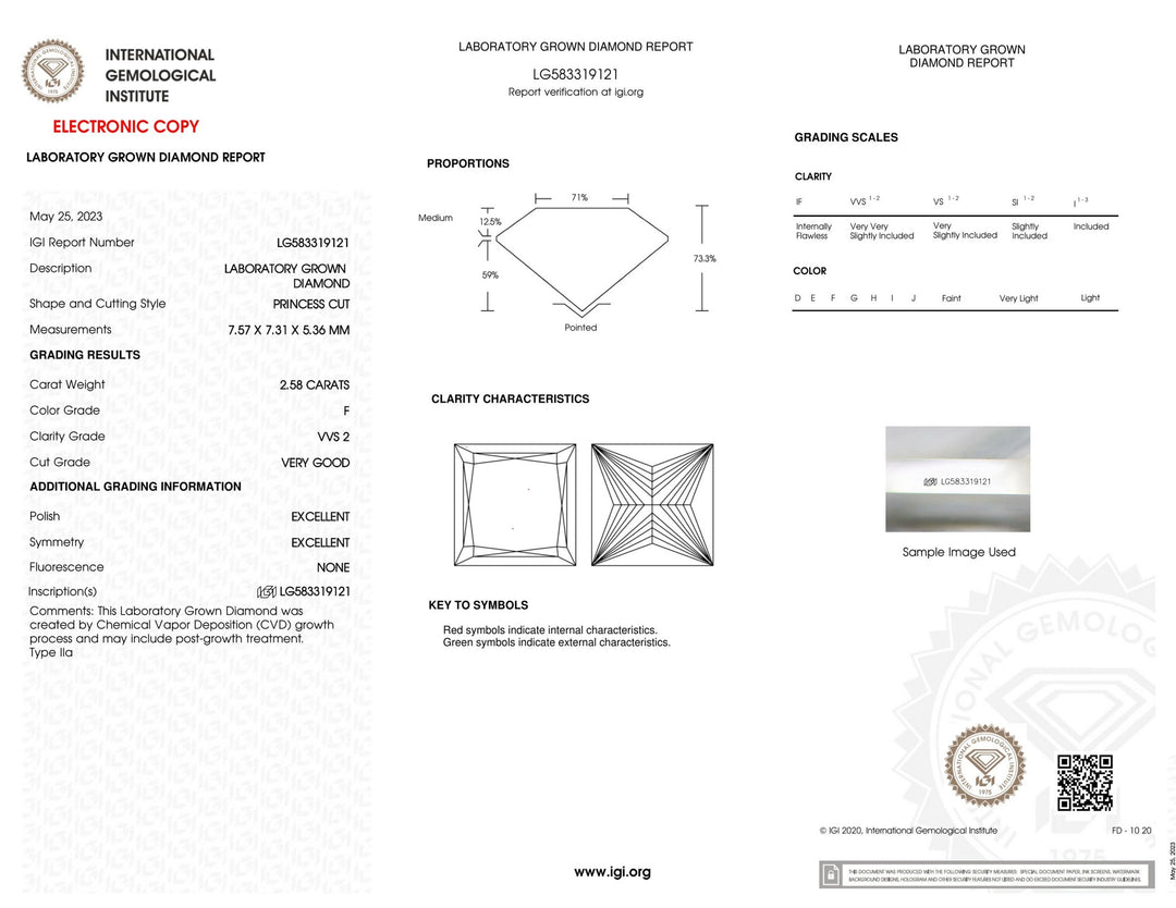 Certified 2.58 Carat Princess Cut Loose Lab Grown Diamond VVS2 F with IGI Certification Lab Report Certificate
