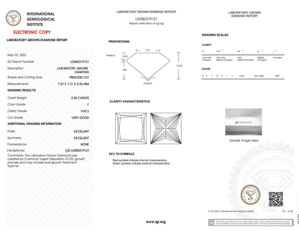 Certified 2.58 Carat Princess Cut Loose Lab Grown Diamond VVS2 F with IGI Certification Lab Report Certificate