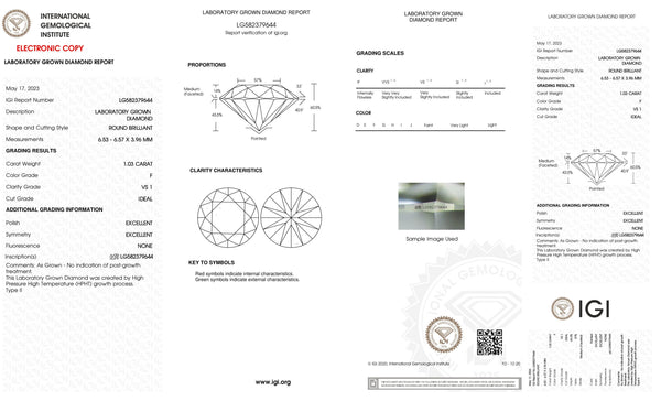 1 Carat Certified Lab Grown Round Loose Diamond VS1 F Ideal cut with IGI Certification Lab Report