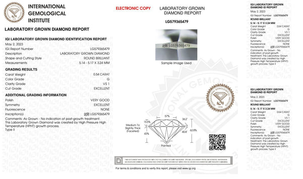 0.54 Carat Certified Lab Created Round Diamond VS1 G - with IGI Grading Certification Lab Report