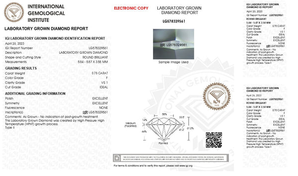 0.75 Carat Certified Lab Created Round Diamond VS1 F - with IGI Grading Certification Lab Report