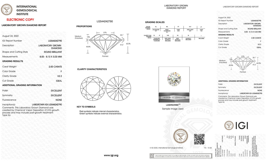 2 Carat Certified Lab Grown Round Loose Diamond VS2 F with IGI Certification Report Papers