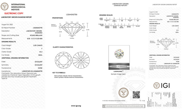 2 Carat Certified Lab Grown Round Loose Diamond VS2 F with IGI Certification Report Papers