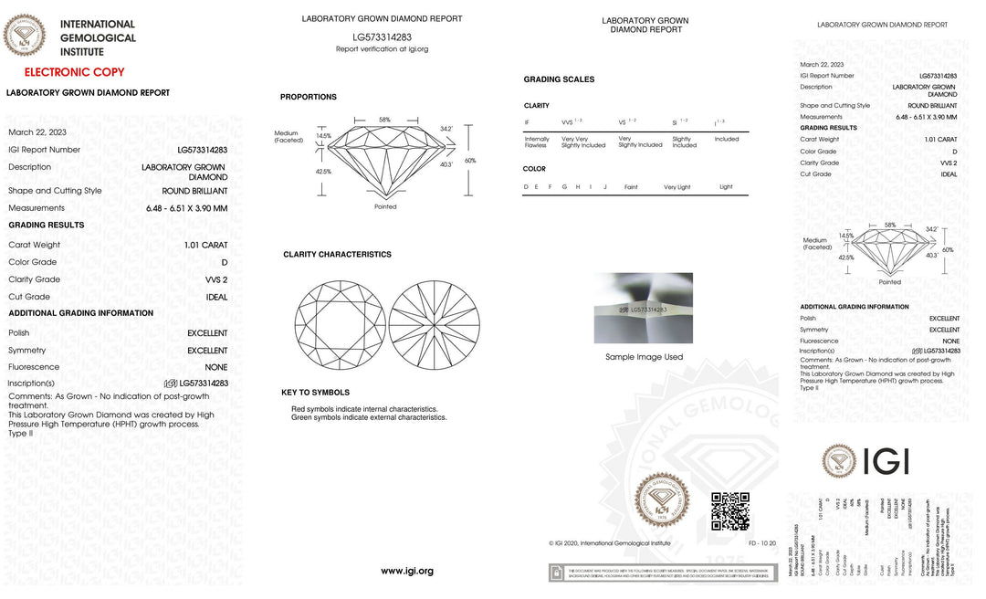 1 Carat Certified Round Loose Diamond Lab Grown - Grade: VVS2 D Ideal cut - with IGI Certification Report Papers -