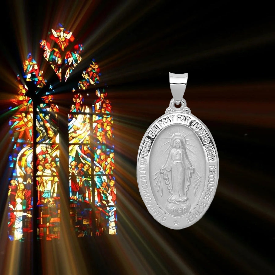 14K Yellow or White Gold Miraculous Medal Pendant Oval - Size: 29x18mm - with Chain Options