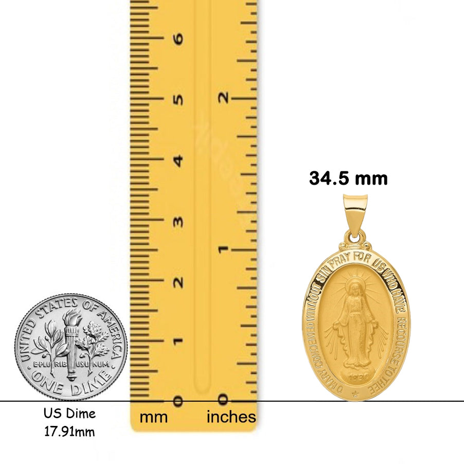 14K Yellow or White Gold Miraculous Medal Pendant Oval - Size: 29x18mm - with Chain Options