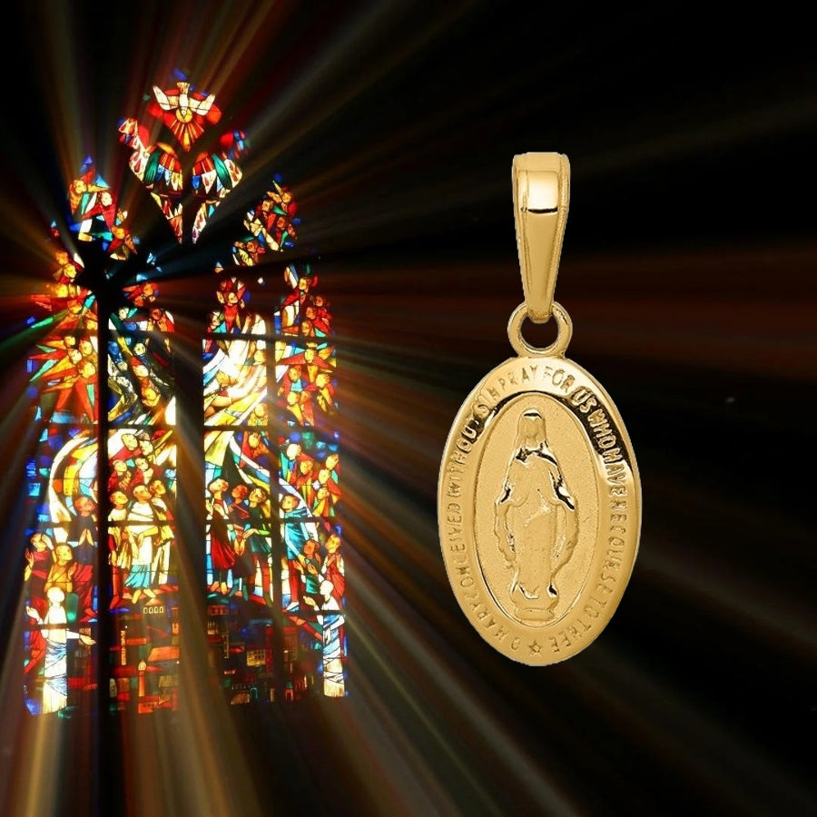Solid 14K Oval Miraculous Medal Pendant - with Chain Options