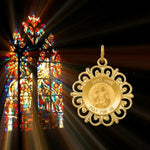 Load image into Gallery viewer, 14k Saint Anne Medal Charm Pendant With Fancy Filigree Lace Border - with Chain Options

