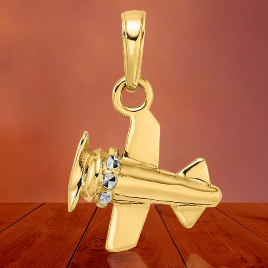 14k Yellow Gold with White Rhodium 3D Diamond-cut Airplane Pendant - with Chain Options