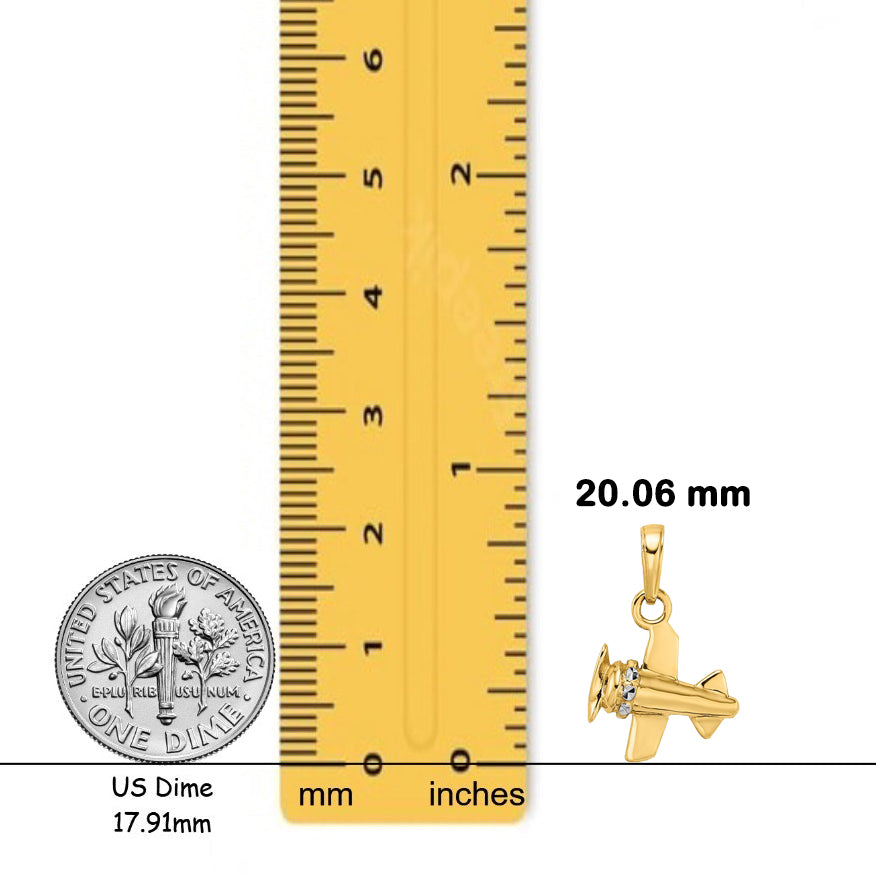 14k Yellow Gold with White Rhodium 3D Diamond-cut Airplane Pendant - with Chain Options