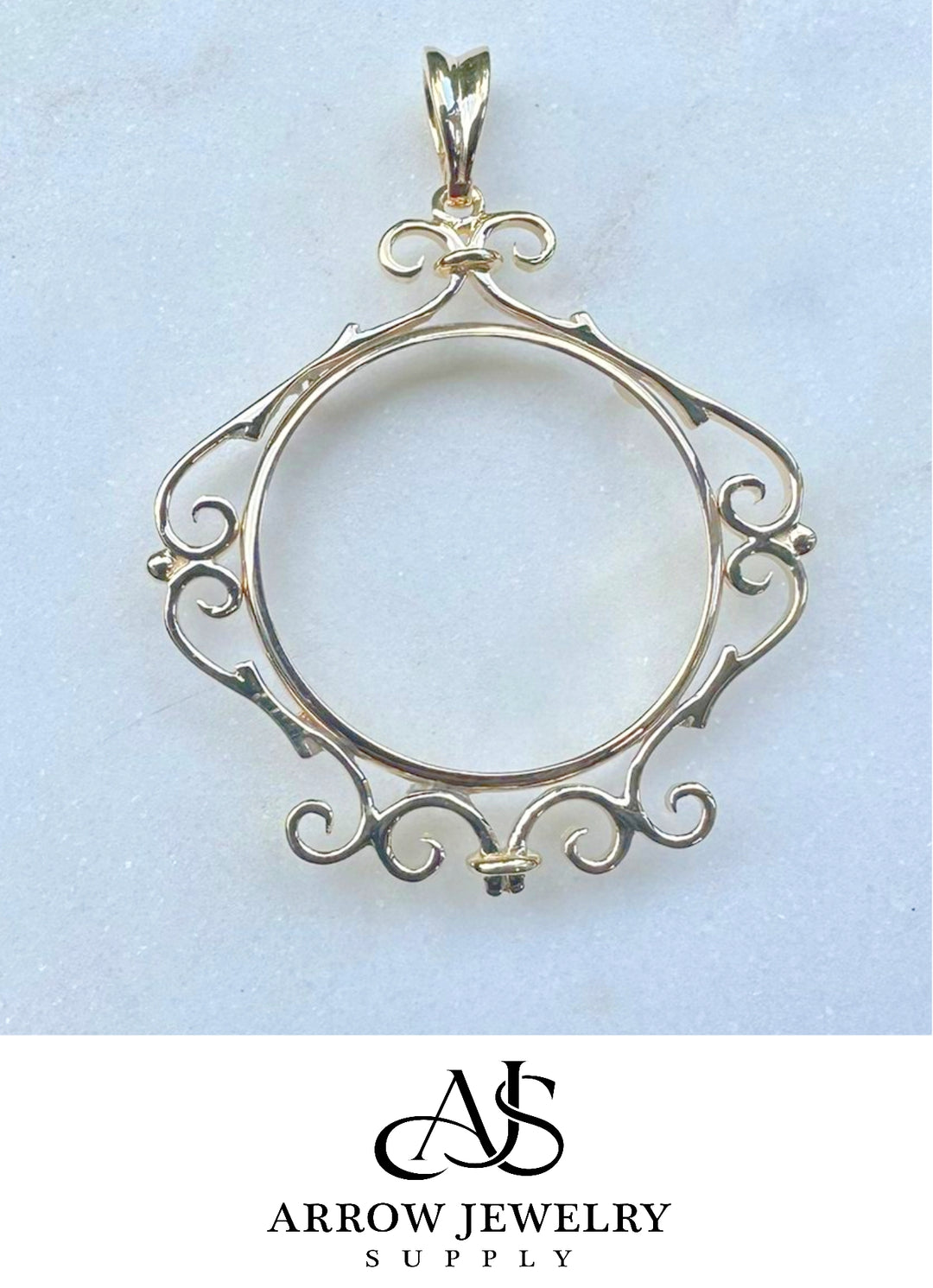 14K Yellow Gold Coin Bezel Mounting Pendant - 11 Different Sizes - Polished English Scroll Prong Coin Bezel Pendant - with Chain Options