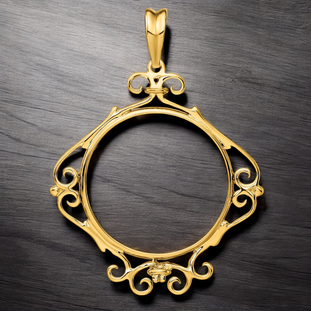 14K Yellow Gold Coin Bezel Mounting Pendant - 11 Different Sizes - Polished English Scroll Prong Coin Bezel Pendant - with Chain Options