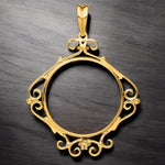 Load image into Gallery viewer, 14K Yellow Gold Coin Bezel Mounting Pendant - 11 Different Sizes - Polished English Scroll Prong Coin Bezel Pendant - with Chain Options
