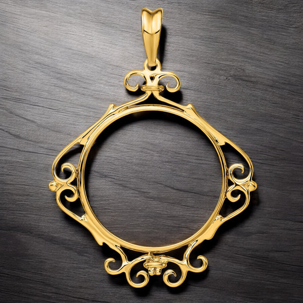 14K Yellow Gold Coin Bezel Mounting Pendant - 11 Different Sizes - Polished English Scroll Prong Coin Bezel Pendant - with Chain Options