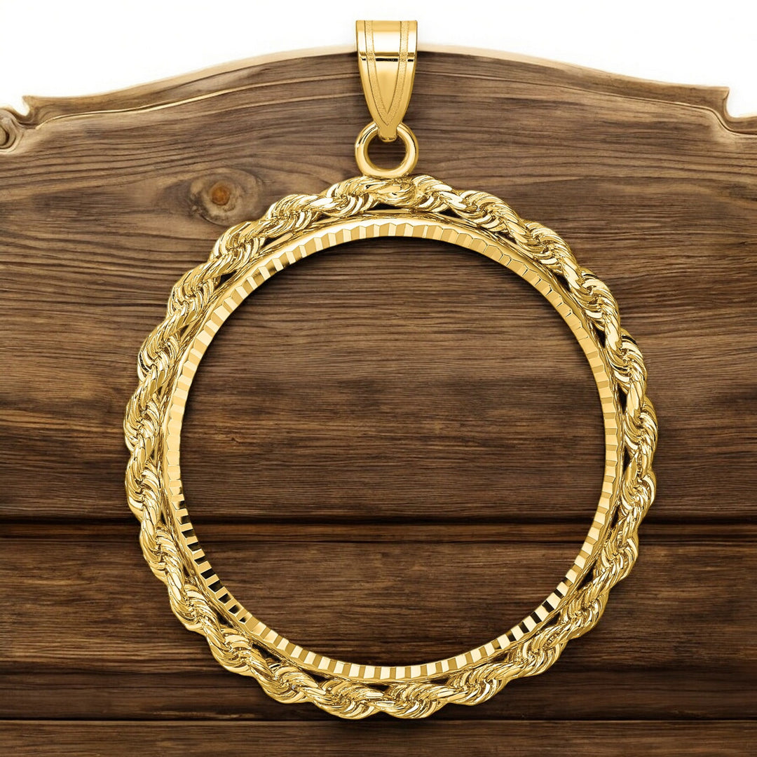 14K Yellow Gold Coin Bezel Mounting Pendant - 7 Different Sizes - Diamond-cut with Rope Prong Coin Bezel Pendant - with Chain Options