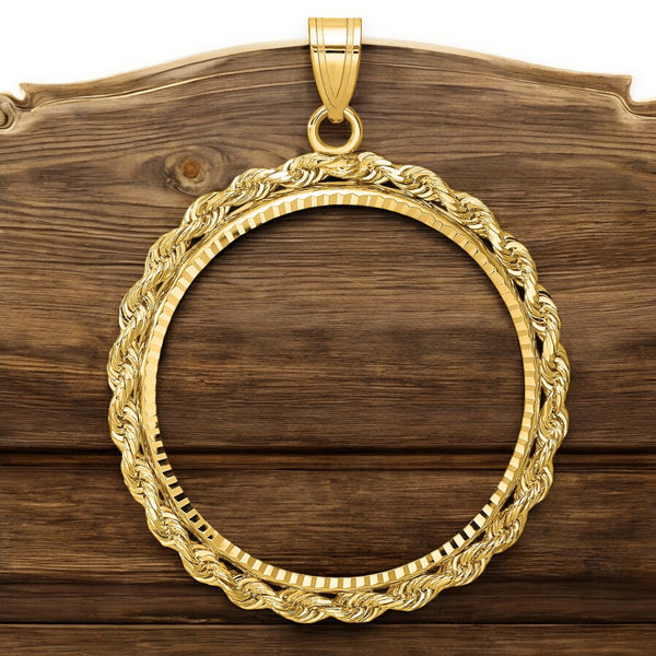 14K Yellow Gold Coin Bezel Mounting Pendant - 7 Different Sizes - Diamond-cut with Rope Prong Coin Bezel Pendant - with Chain Options