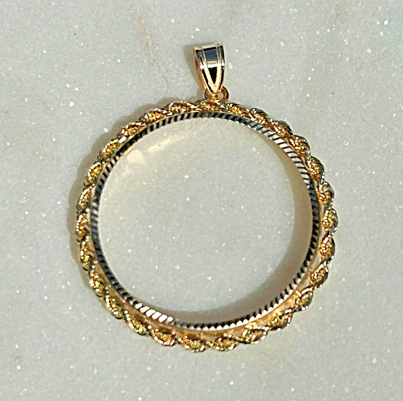 14K Yellow Gold Coin Bezel Mounting Pendant - 7 Different Sizes - Diamond-cut with Rope Prong Coin Bezel Pendant - with Chain Options