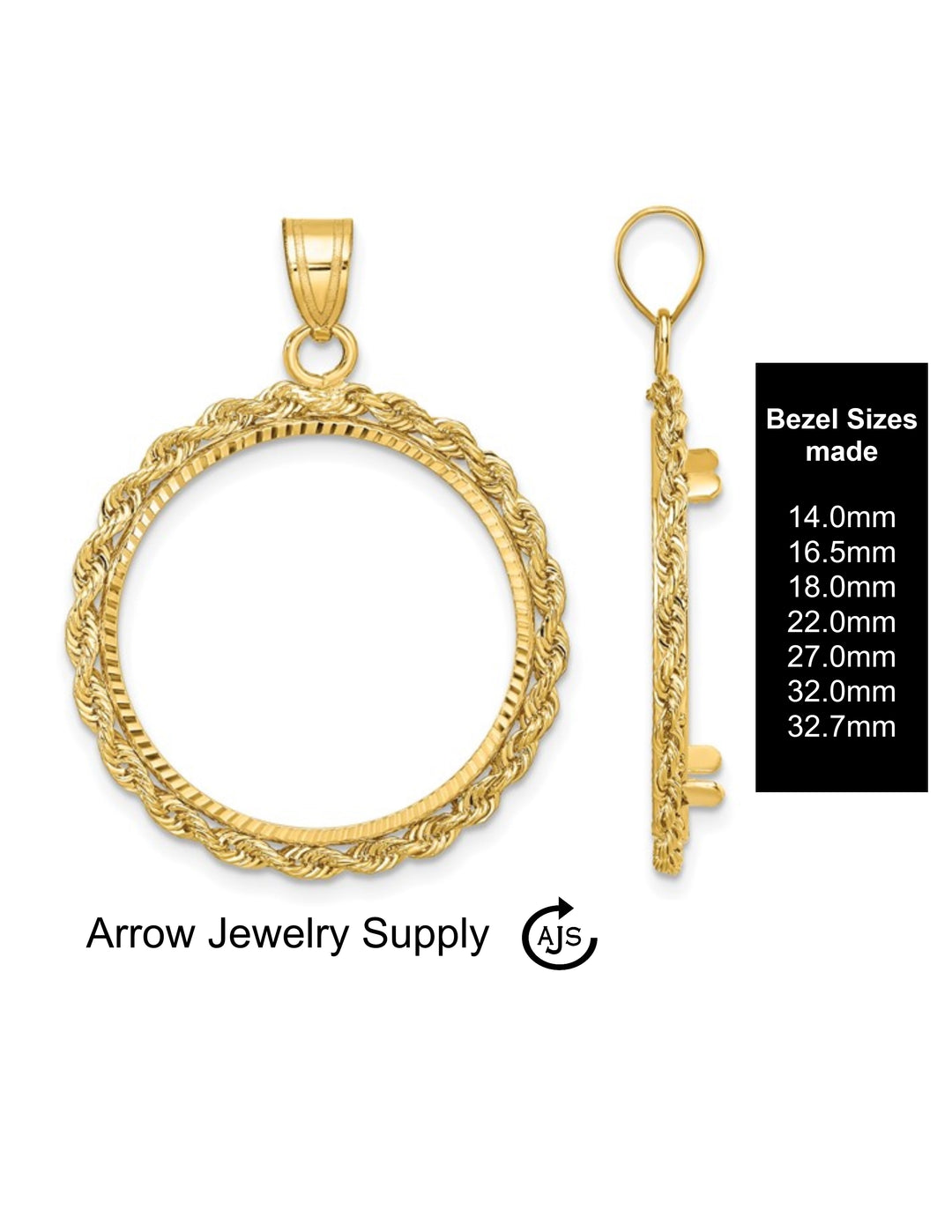 14K Yellow Gold Coin Bezel Mounting Pendant - 7 Different Sizes - Diamond-cut with Rope Prong Coin Bezel Pendant - with Chain Options
