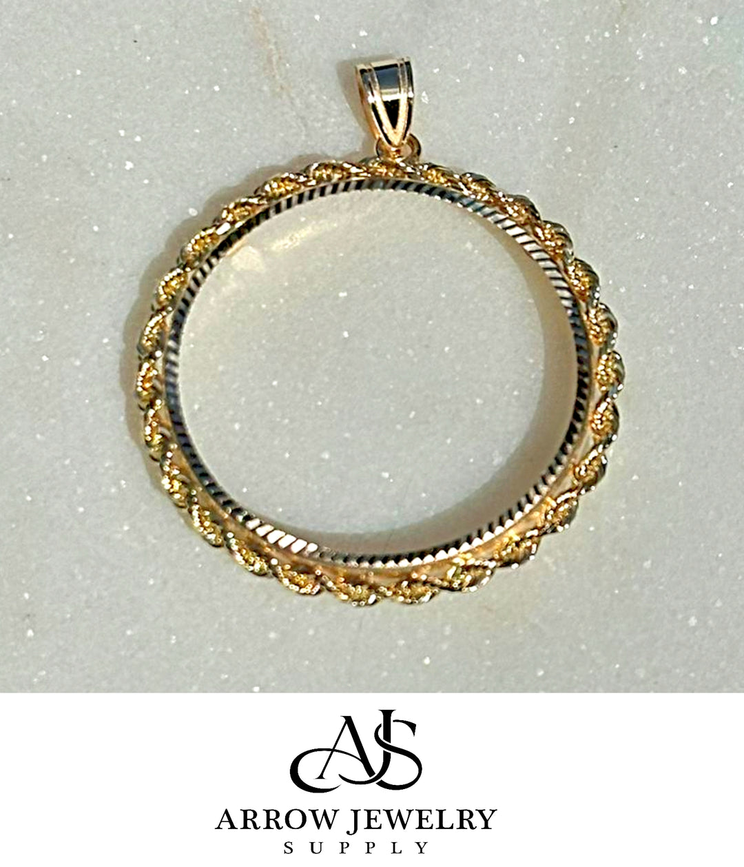 14K Yellow Gold Coin Bezel Mounting Pendant - 7 Different Sizes - Diamond-cut with Rope Prong Coin Bezel Pendant - with Chain Options