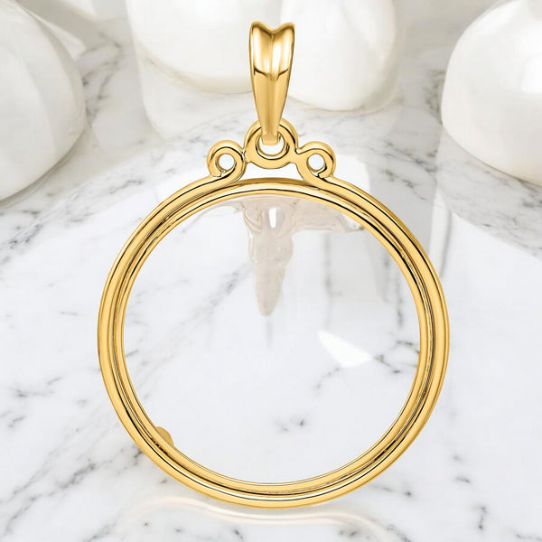 14K Yellow Gold Coin Bezel Mounting Pendant - 10 Different Sizes - Polished Triple Circle Top Prong Coin Bezel Pendant with Chain Options