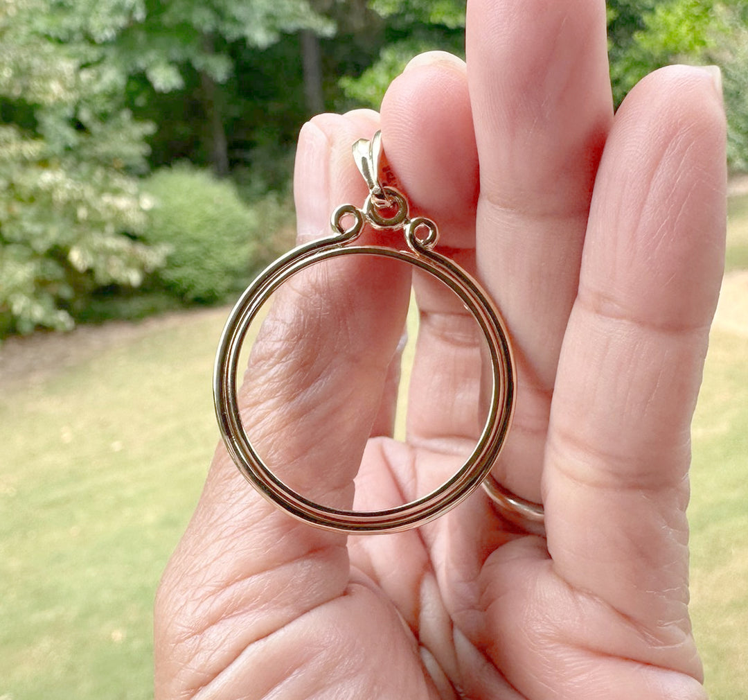 14K Yellow Gold Coin Bezel Mounting Pendant - 10 Different Sizes - Polished Triple Circle Top Prong Coin Bezel Pendant with Chain Options