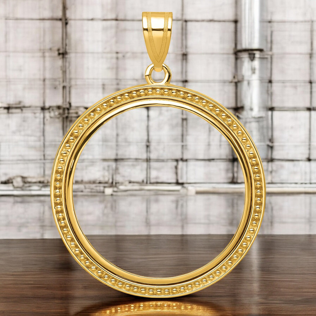 14K Yellow Gold Coin Bezel Mounting Pendant - Polished and Beaded Prong Coin Bezel Pendant - with Chain Options