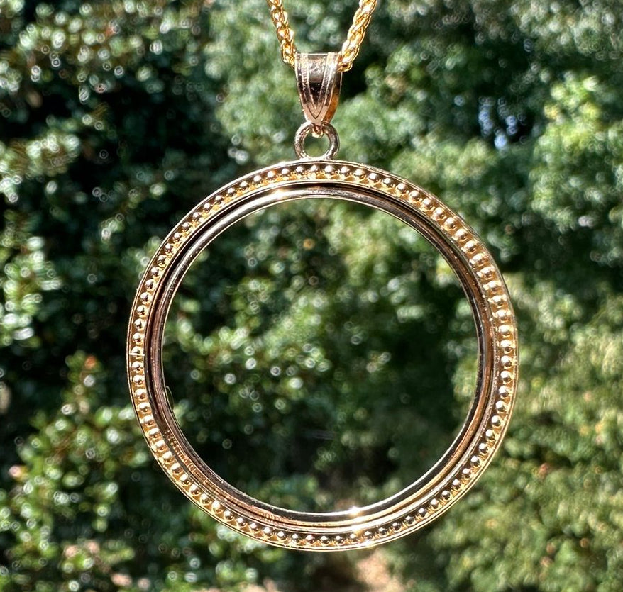 14K Yellow Gold Coin Bezel Mounting Pendant - Polished and Beaded Prong Coin Bezel Pendant - with Chain Options