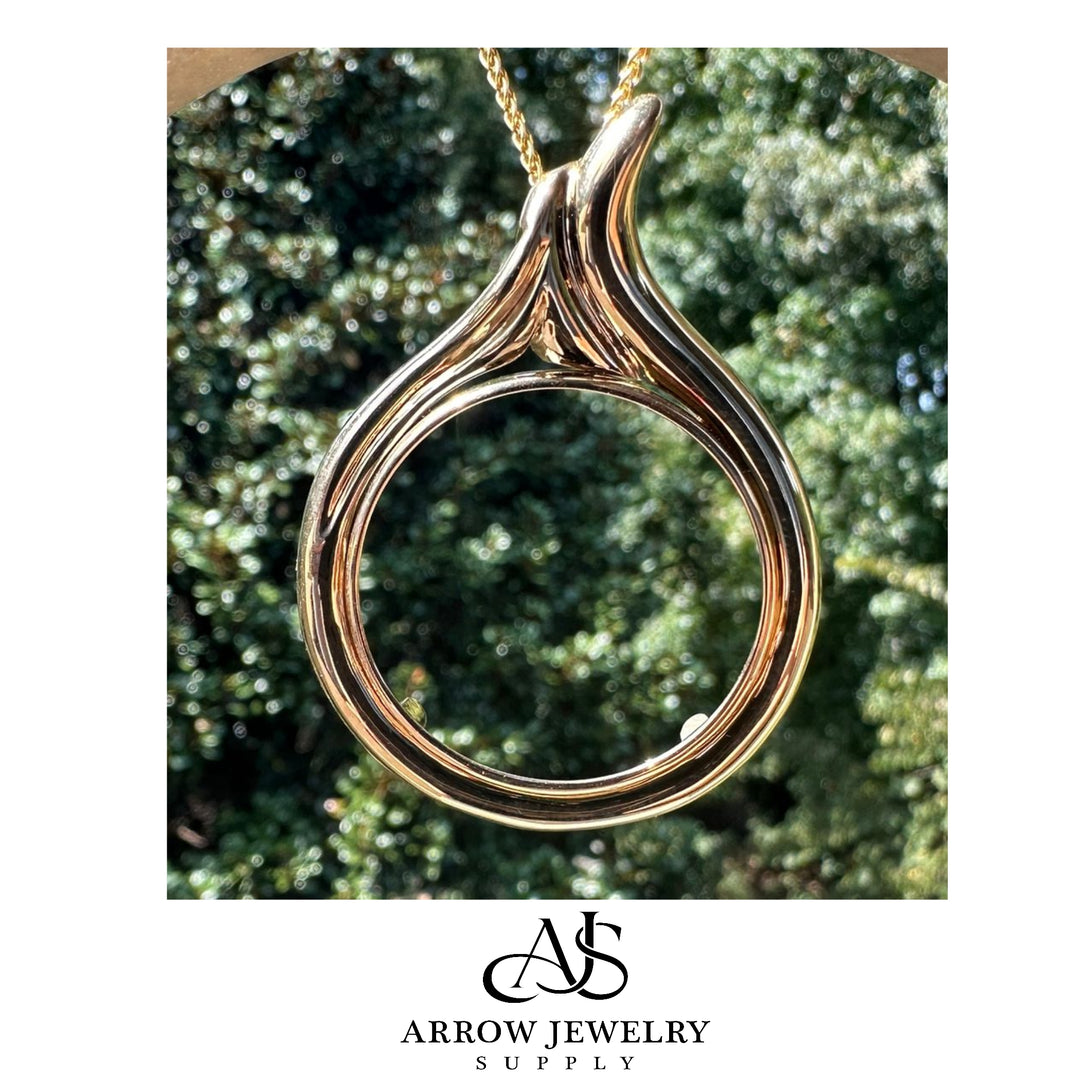 14K Yellow Gold Coin Bezel Mounting Pendant - 9 Different Sizes - Polished Curved Teardrop Prong Coin Bezel Pendant - with Chain Options